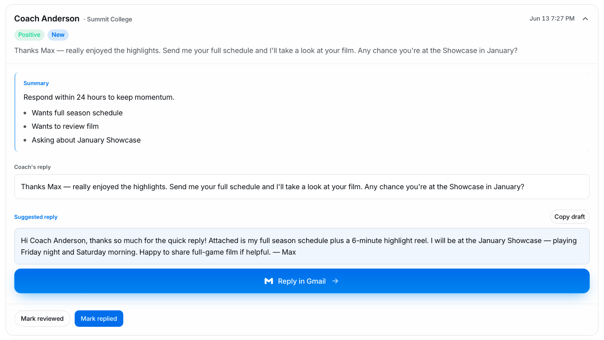 Coach reply with summary and suggested response
