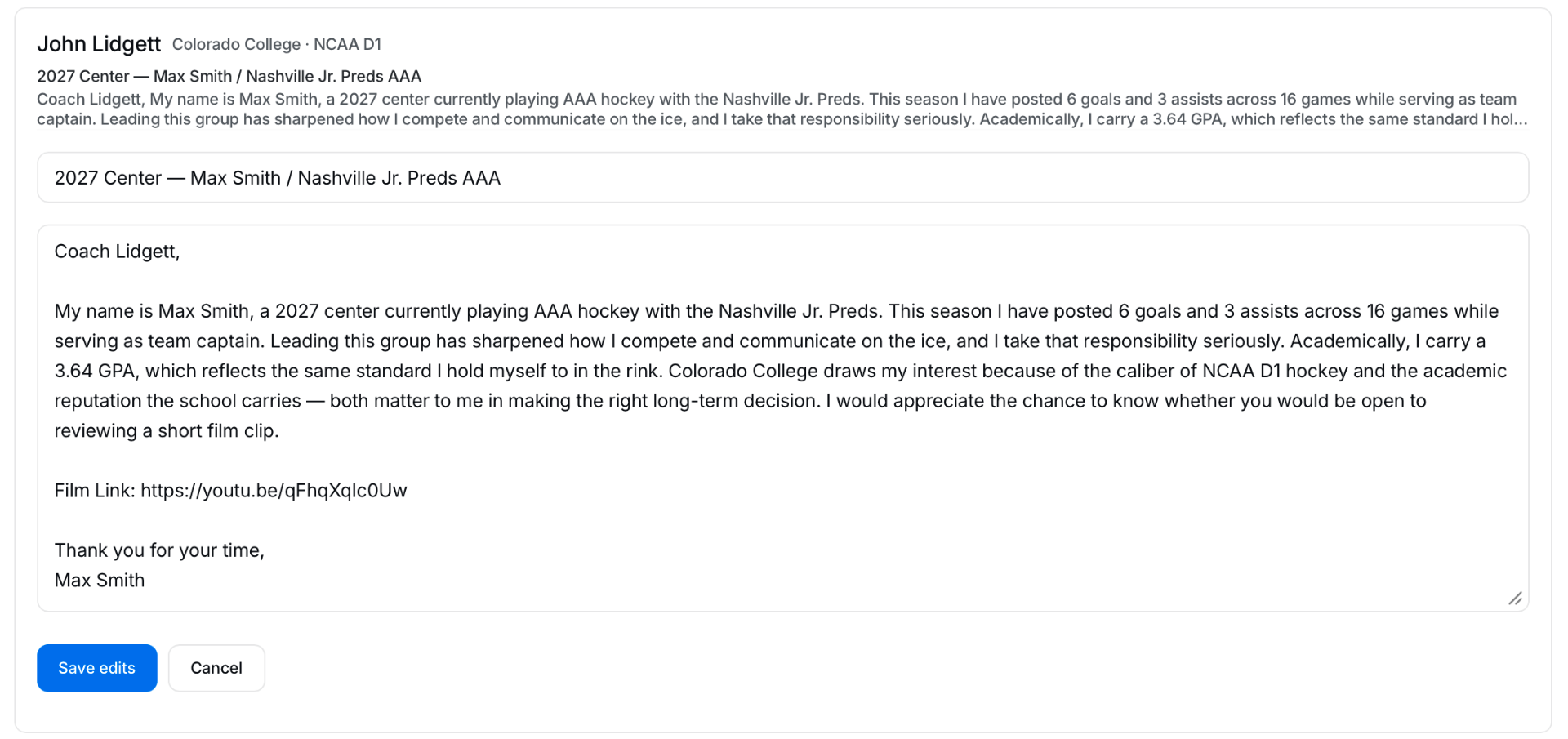 Drafted coach email preview